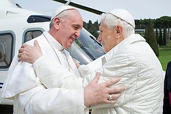 Pope Francis embraces emeritus Pope Benedict XVI at papal summer residence in Castel Gandolfo